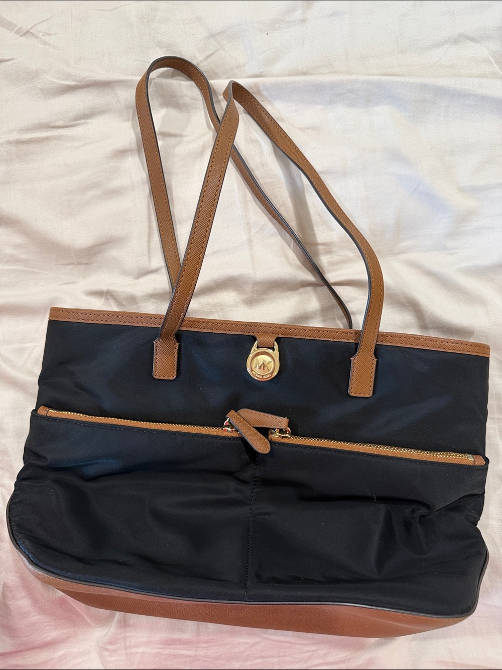 Michael Kors Black Nylon Tote with Brown Leather Trim